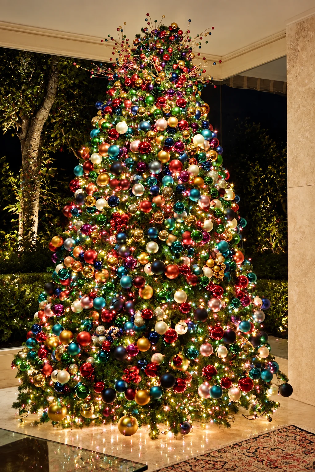 Gran árbol residencial con abundantes esferas multicolores