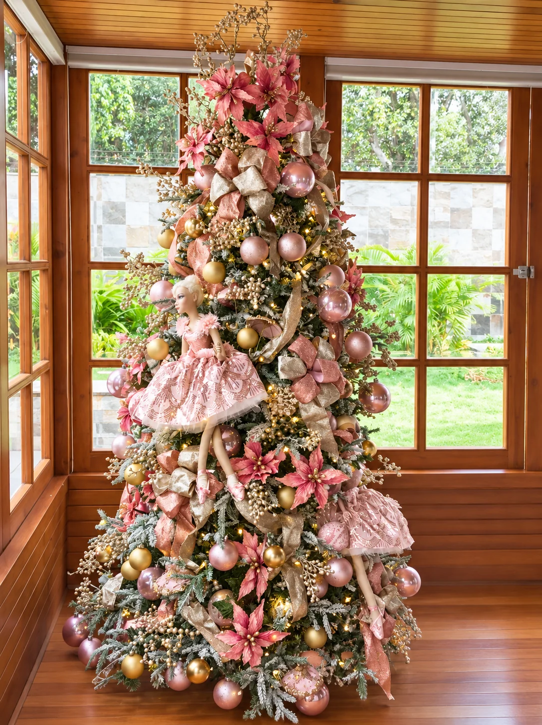 Árbol residencial rosado con muñecas y flores