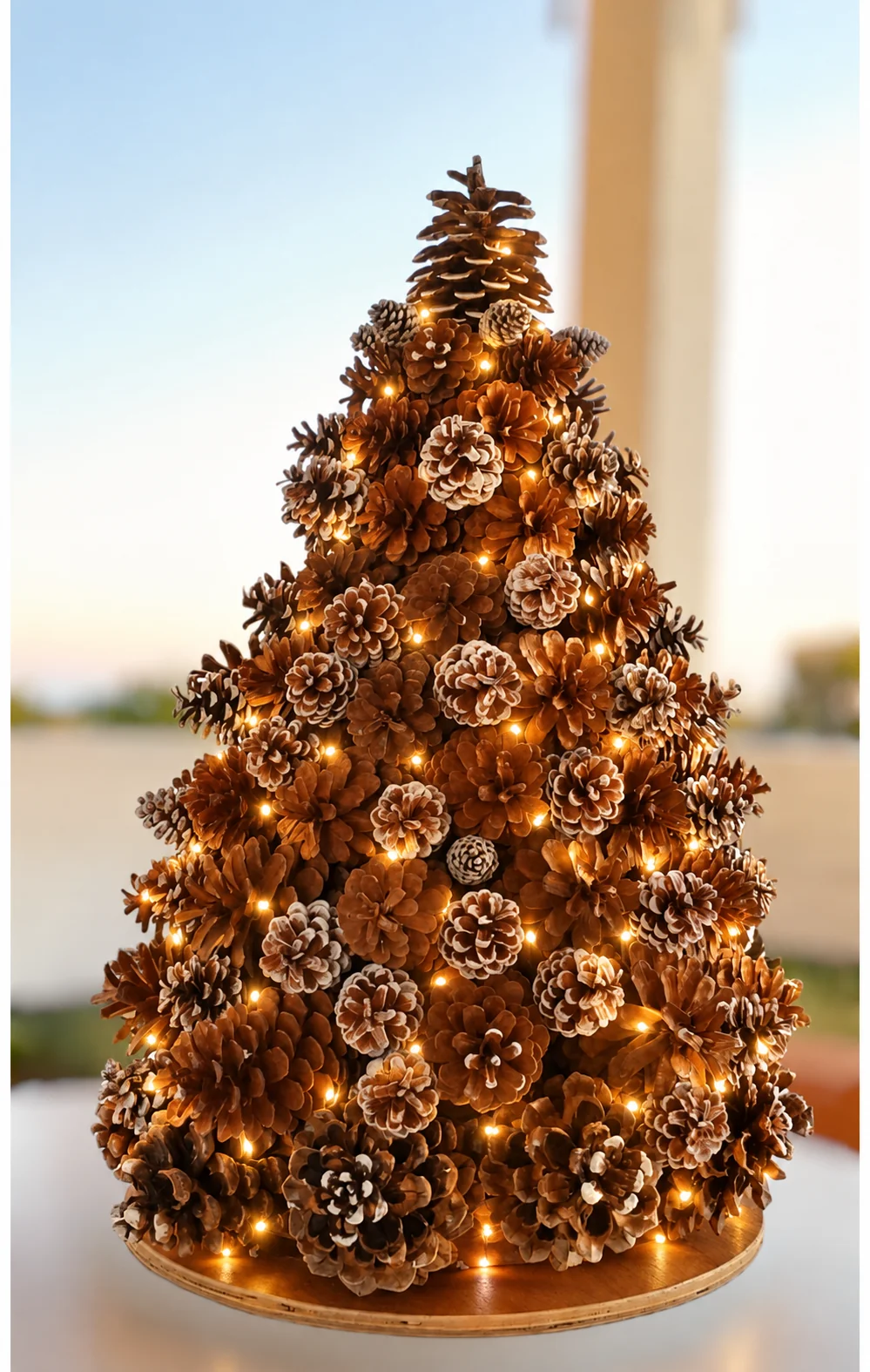 Árbol artesanal de piñas naturales con luces cálidas