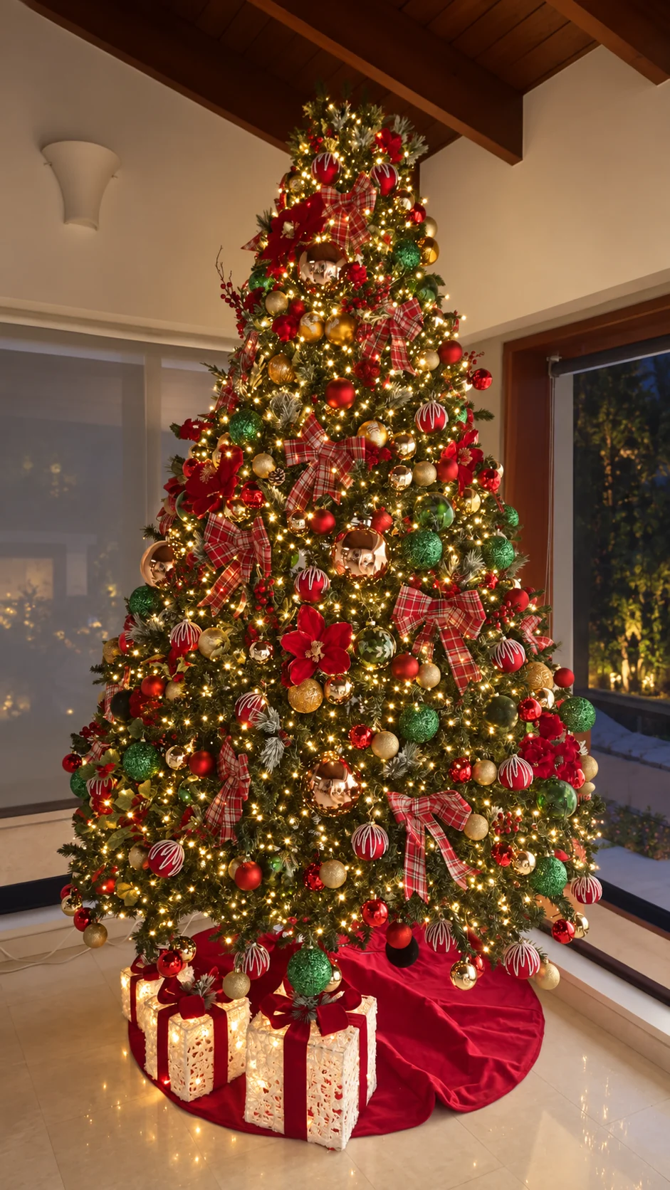 Árbol residencial de gran formato con tartán y luces cálidas
