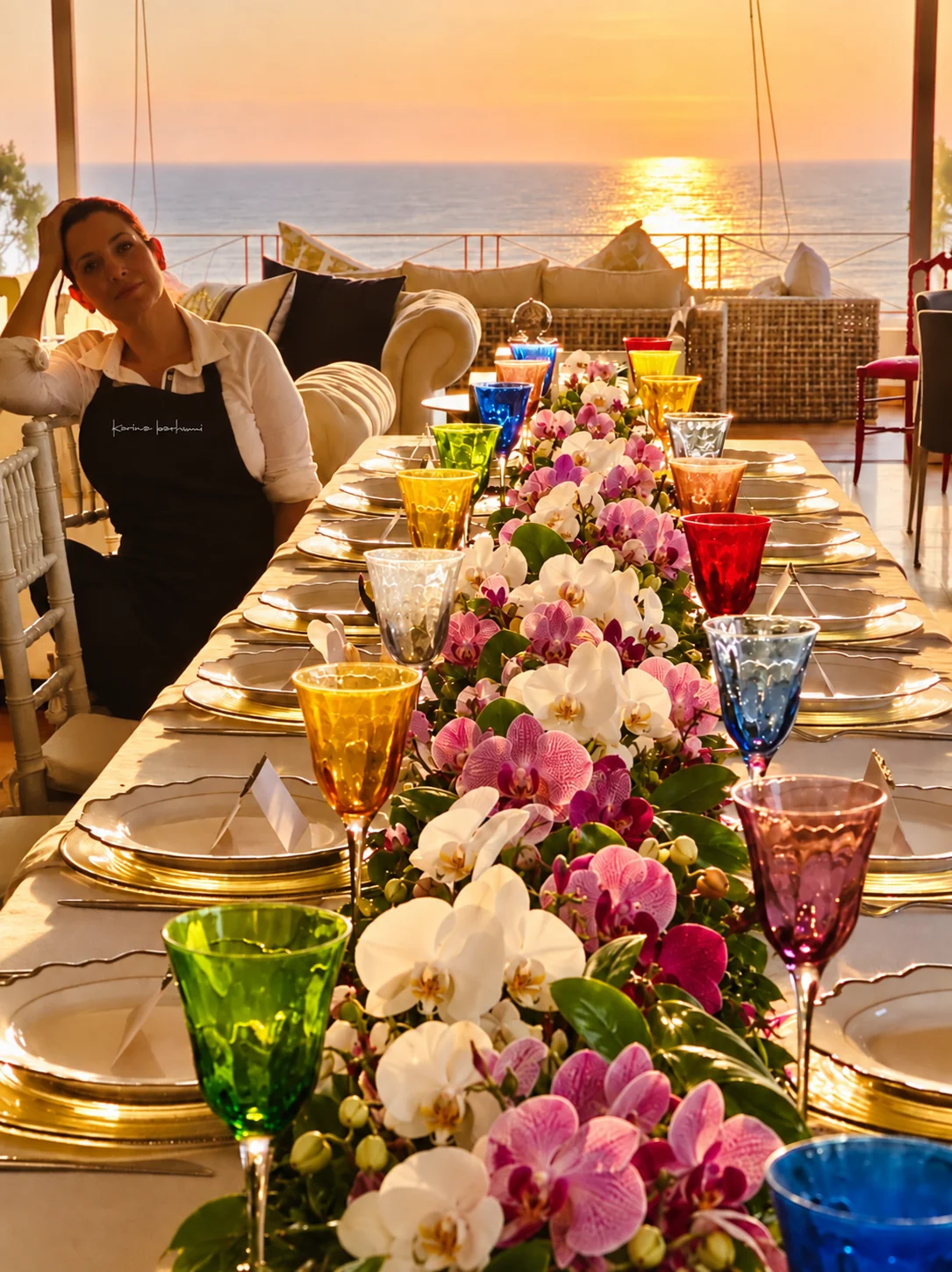 Mesa frente al mar con una composición abundante de orquídeas blancas y rosadas