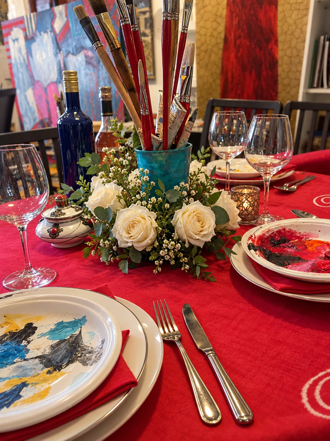 Detalle de rosas blancas, pinceles, cubiertos y platos pintados de la mesa del artista
