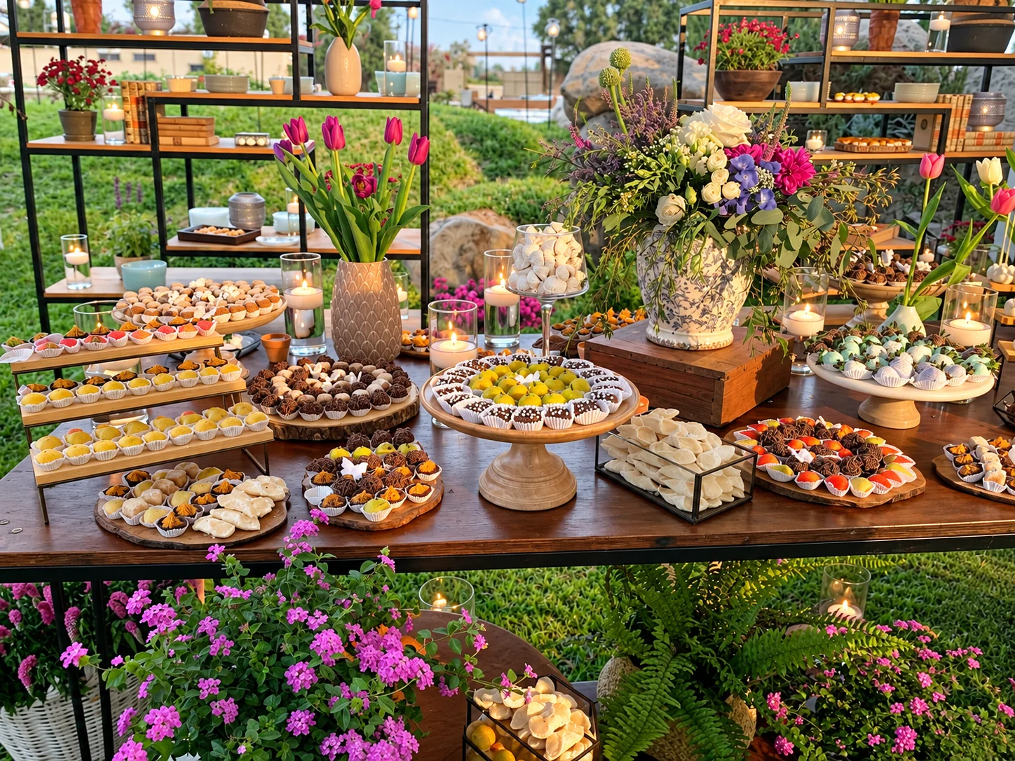 Mesa de dulces con flores para un matrimonio campestre