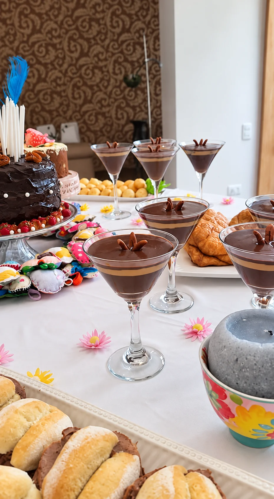 Copas de chocolate y dulces del lonche para las amigas