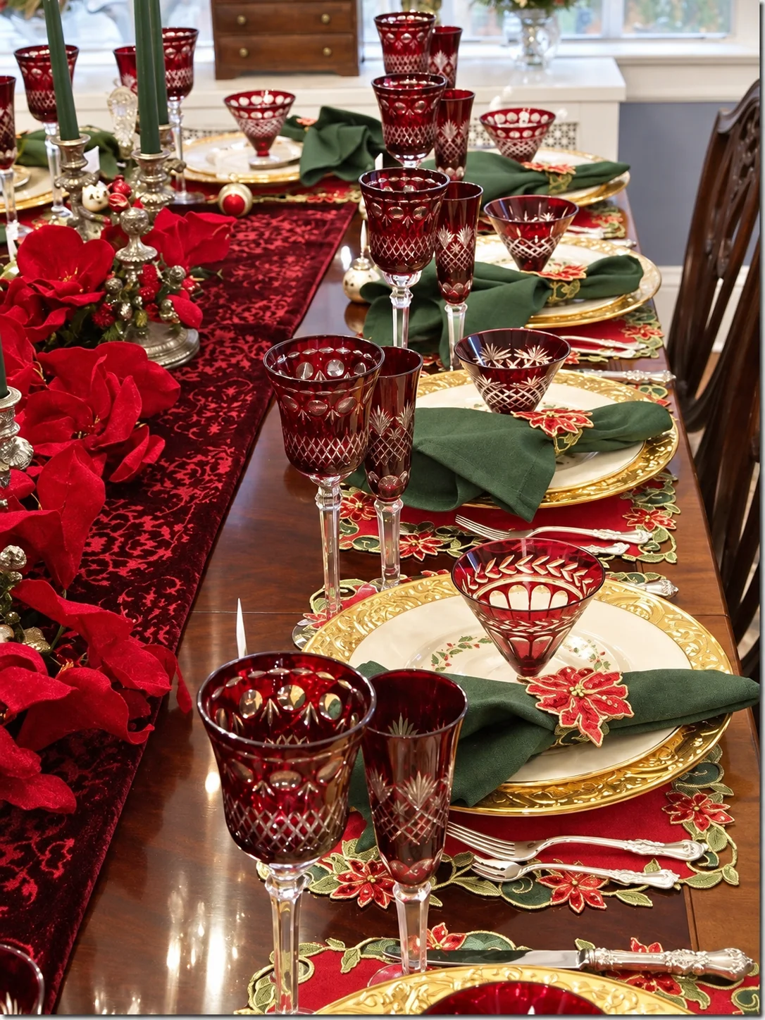 Mesa navideña en rojo, verde y dorado con cristal de color y rosas rojas