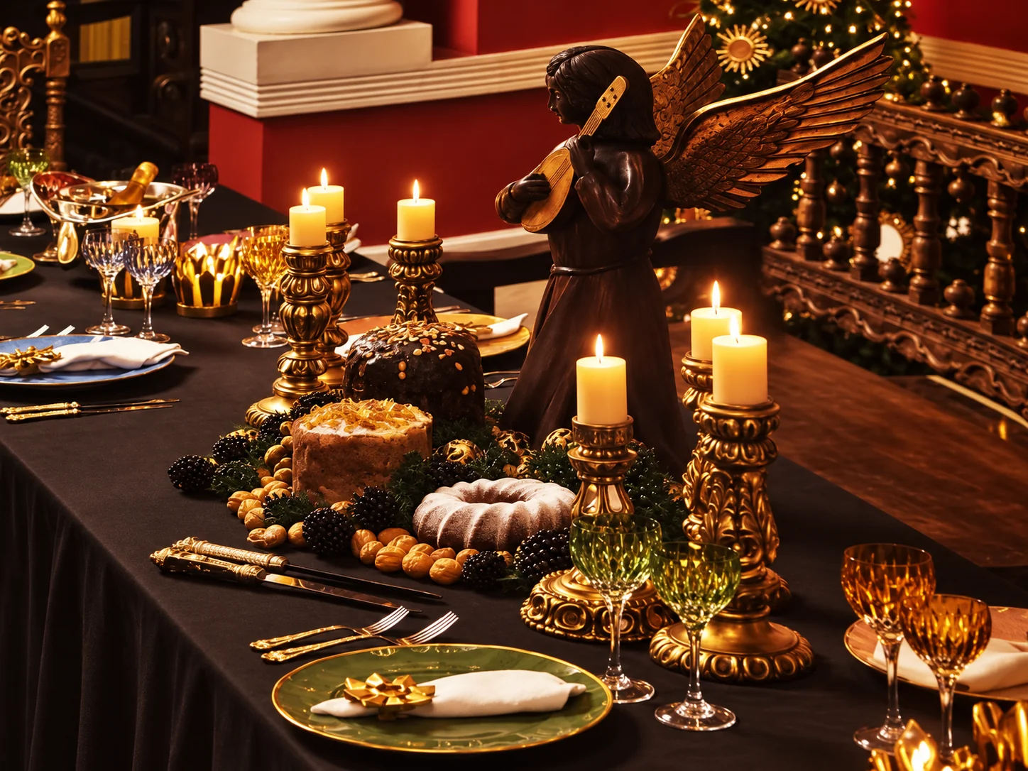 Mesa navideña con velas, escultura y detalles dorados