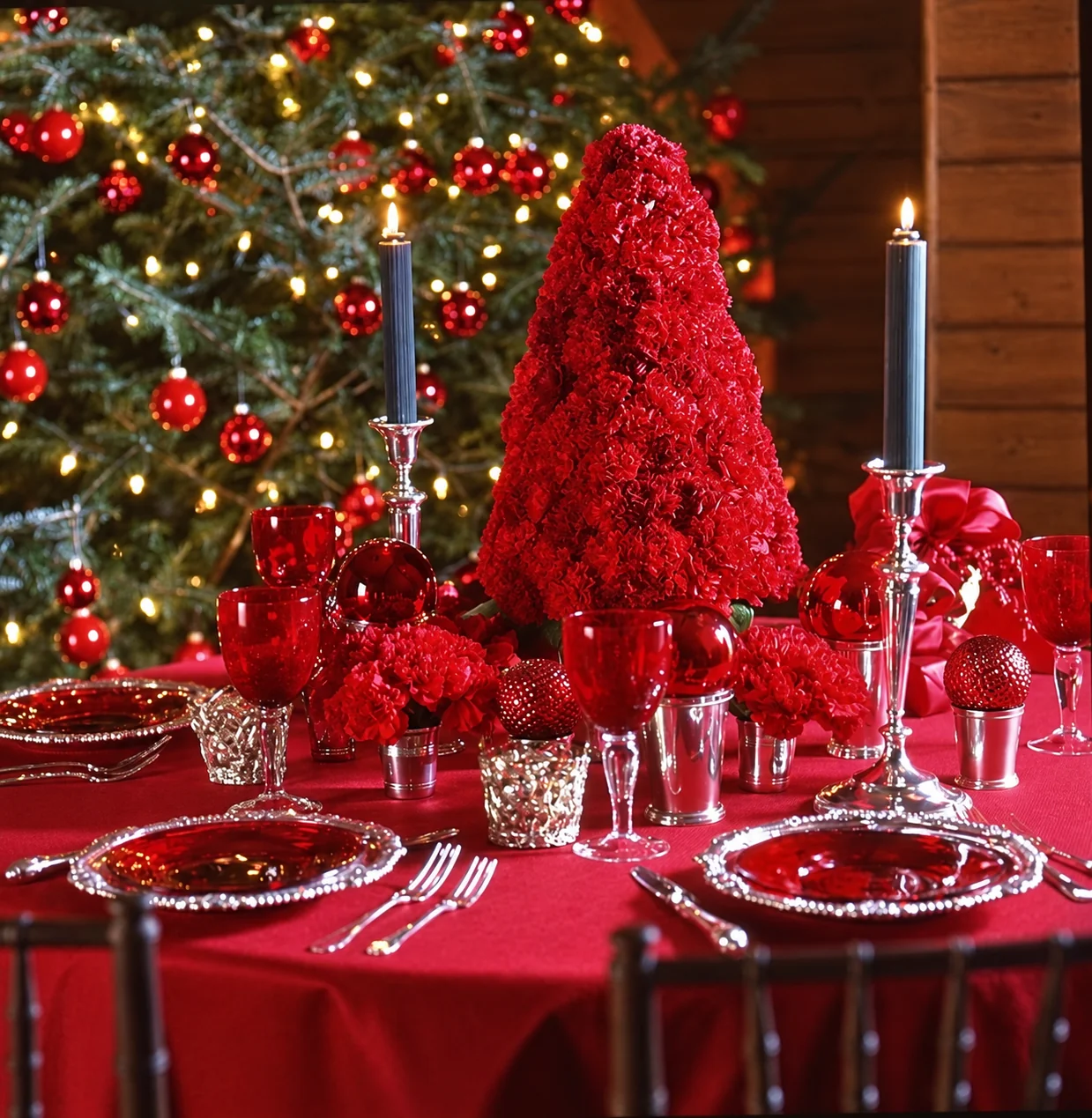 Mesa navideña monocromática en rojo con velas y árbol iluminado
