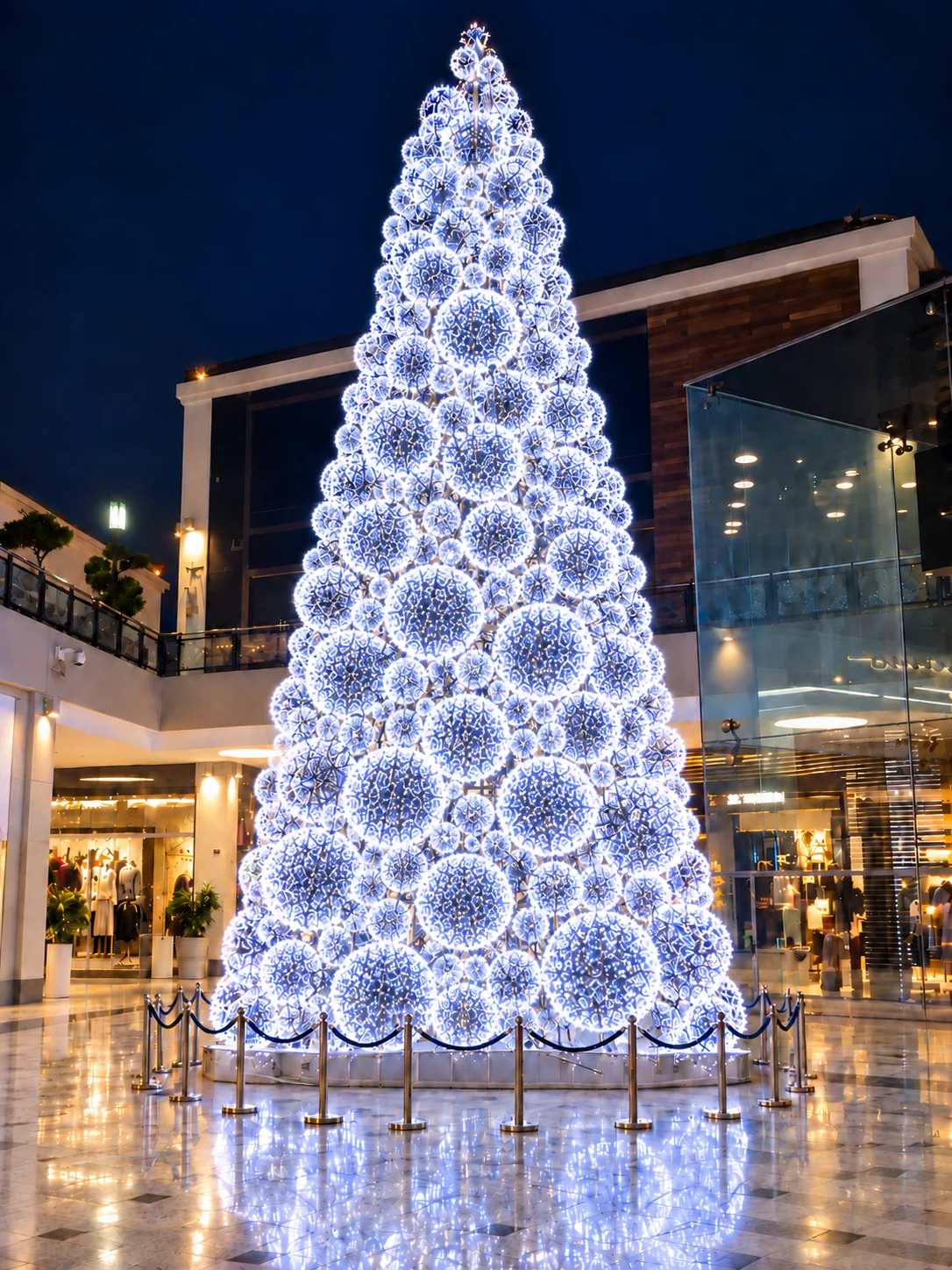 Árbol monumental de esferas blancas iluminadas