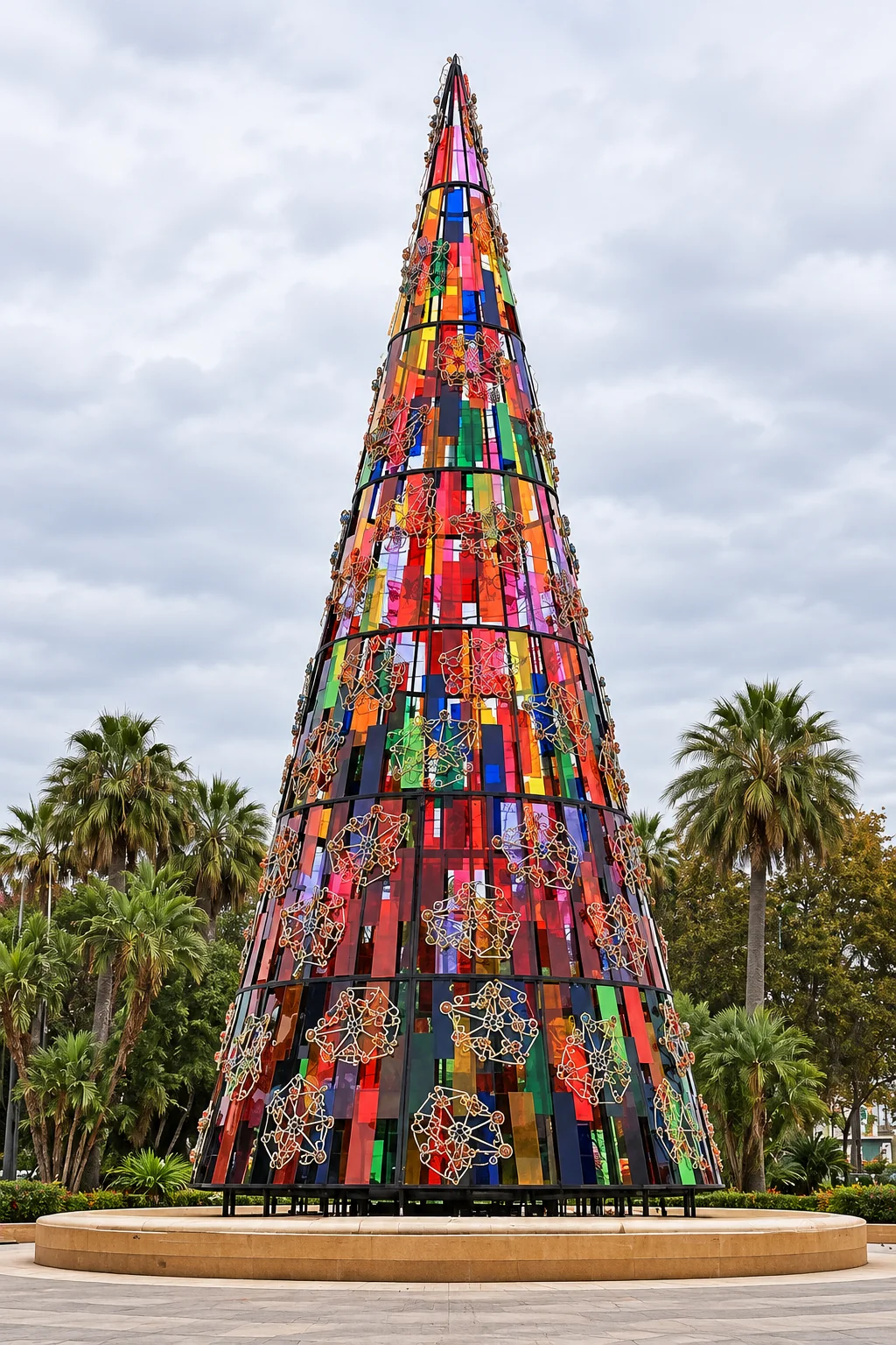 Árbol monumental multicolor de estructura tipo vitral