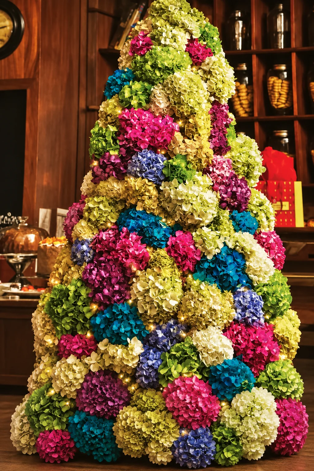 Árbol monumental de hortensias multicolores con luces cálidas