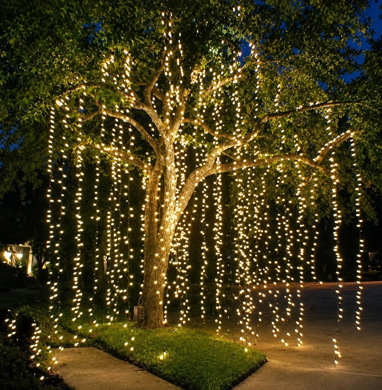 Árbol monumental exterior cubierto por cascadas de luces cálidas