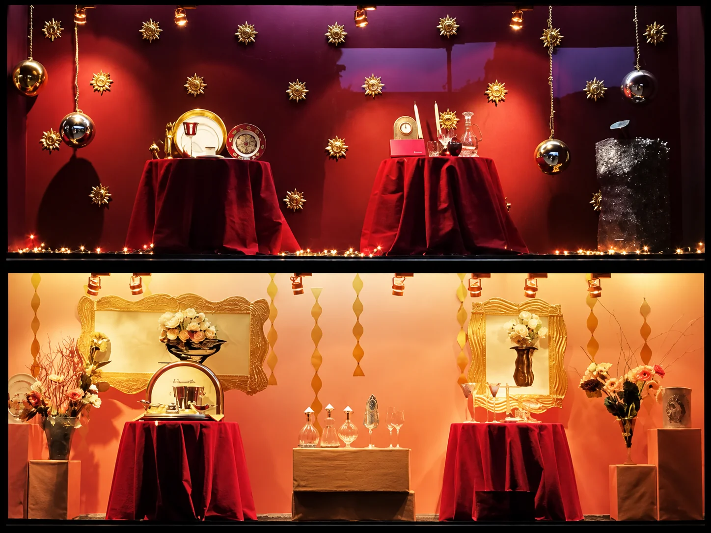 Dos vitrinas de Navidad en rojo, dorado y marfil