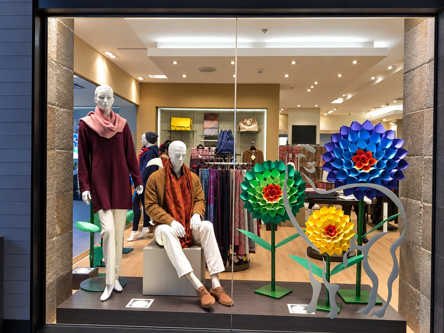 Vitrina de moda con flores escultóricas de colores
