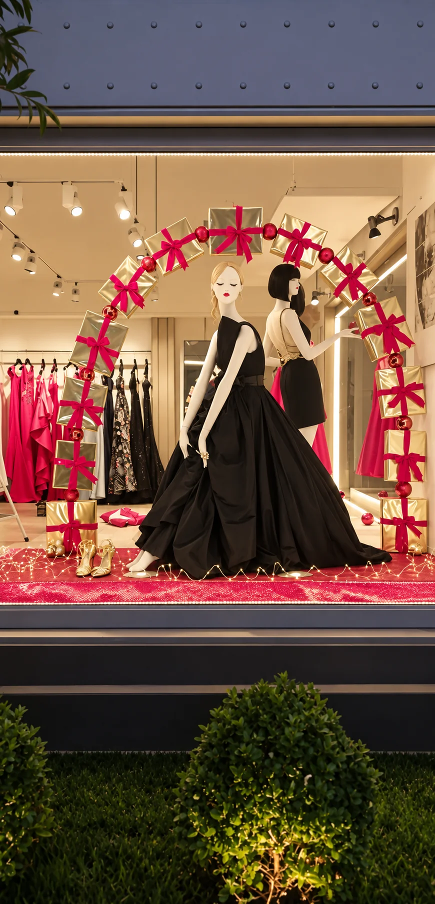 Vitrina de moda con maniquíes, vestido negro y arco de regalos dorados